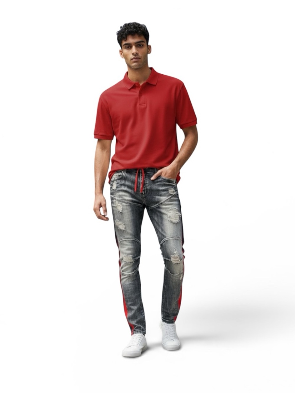 Focus NWOT Slim Fit Blue Distressed Jeans with Red & Purple Stripe - Picture 3 of 13
